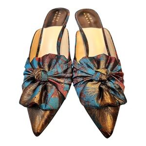 Alex Marie Audrene Bow Mules Kitten Heel Pointed Toe Cooper Brown Teal Slides